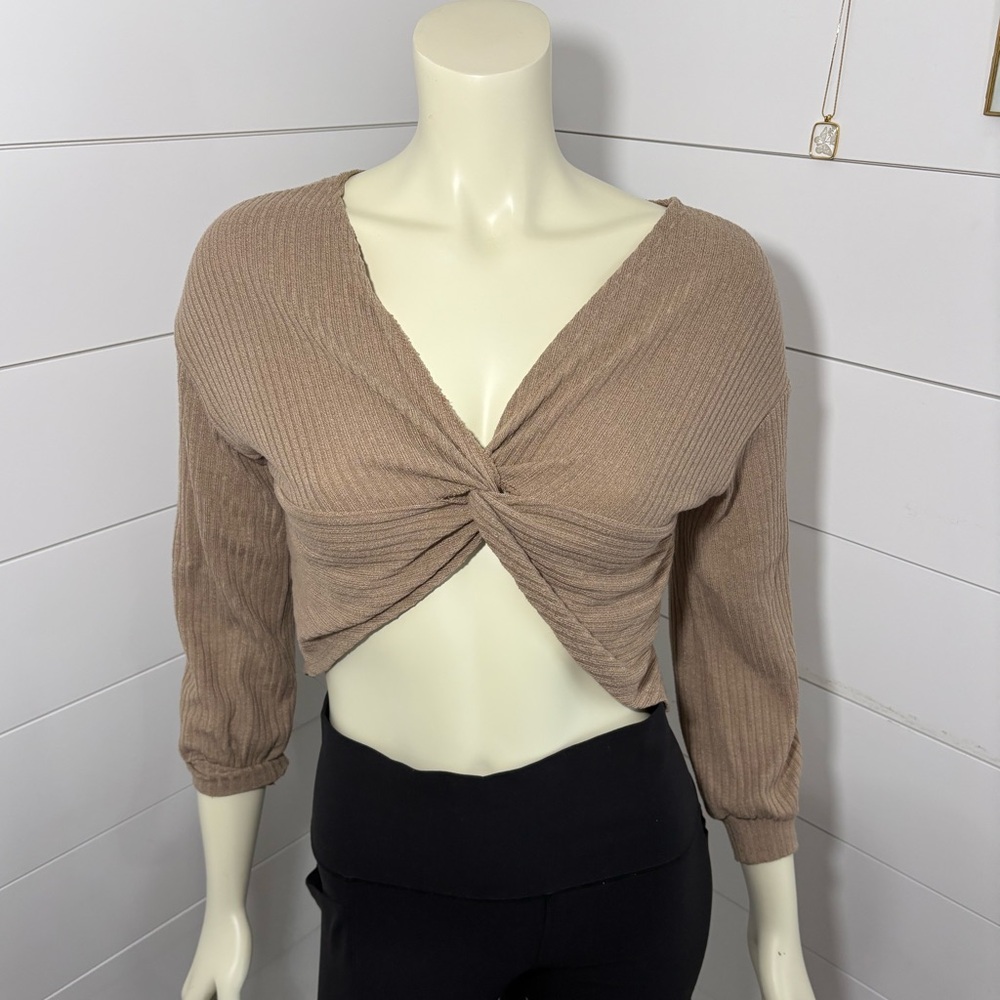 SHEIN Twist Front Ribbed Blouse - Tan